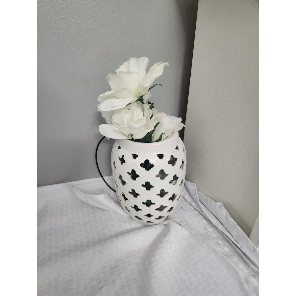 White Ceramic Lattice Cut Out Vase with Artificial Roses Floral Arrangement